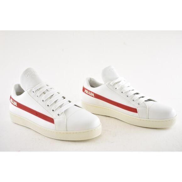Prada Band White Red Stripe Logo Lace Up Tie Flat Low Top Trainer Sneaker 36.5 - Picture 4 of 16